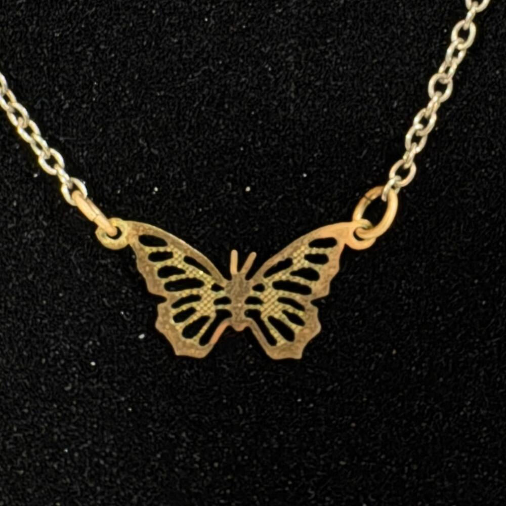 Butterfly Pendant Necklace Silver Tone and Gold Tone 16 1/2" MCM Choker